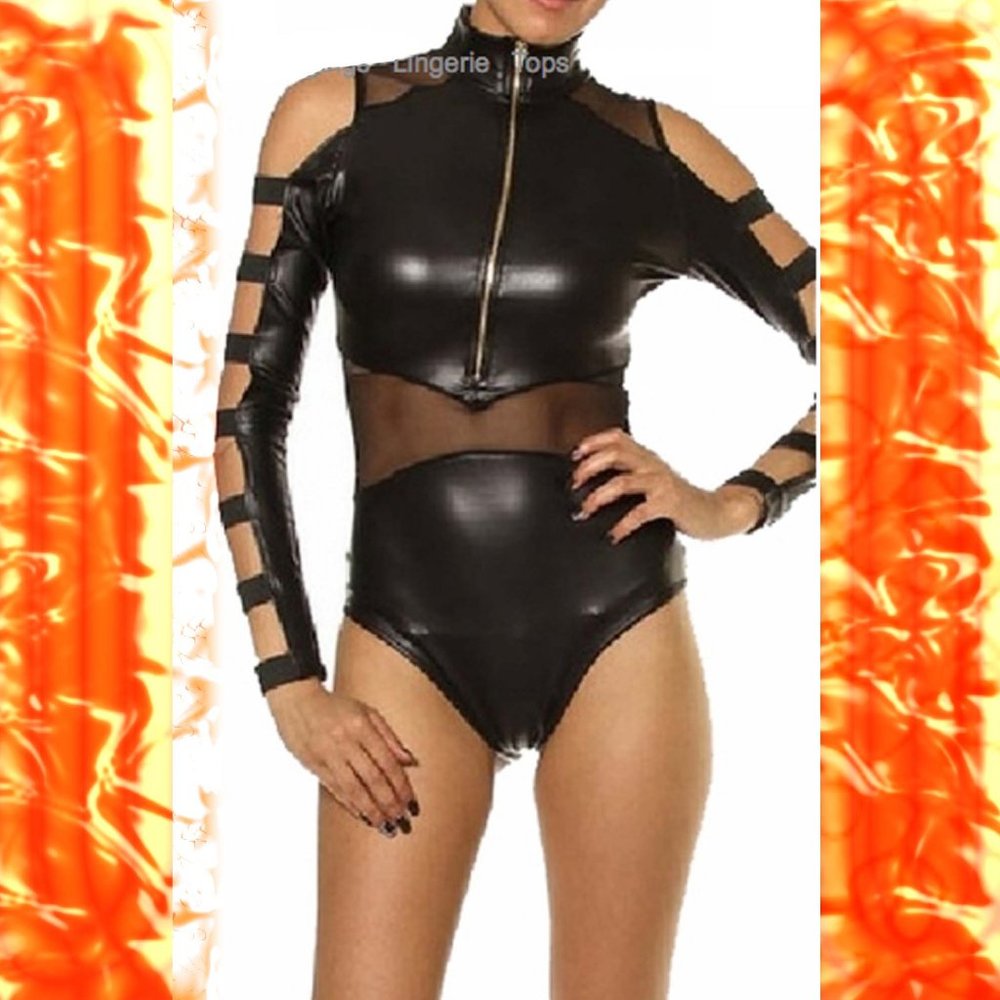 NEW size M Black Stretchy Bodysuit w/Strappy Sleeves